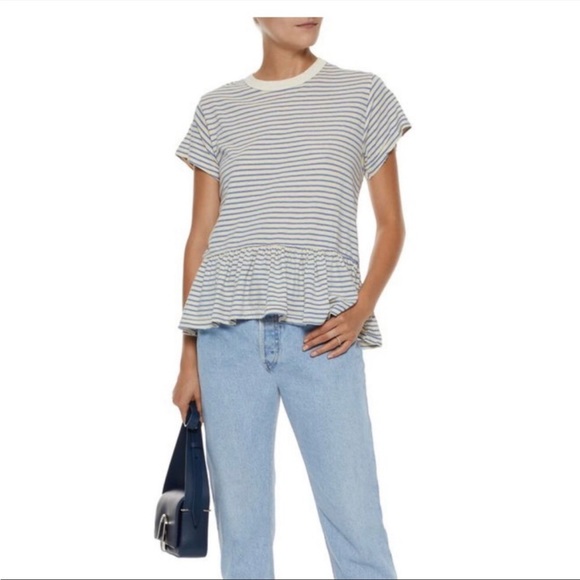 The Great. Ruffle Stripe Peplum Short Sleeve Top - Picture 3 of 10